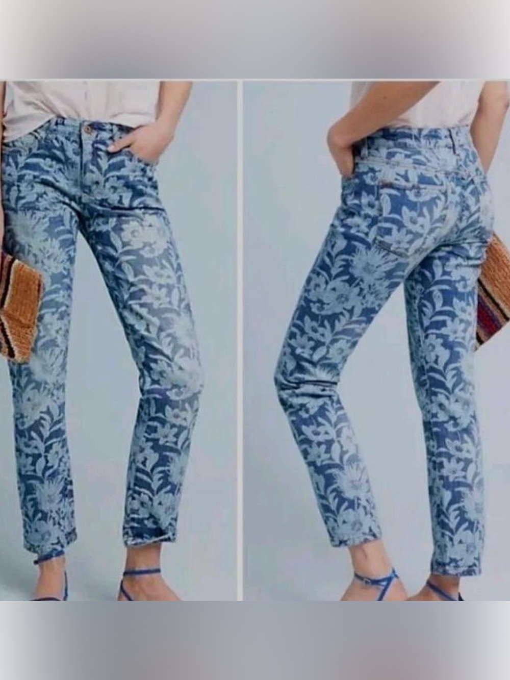 Anthropologie Blue Floral Boyfriend Jeans